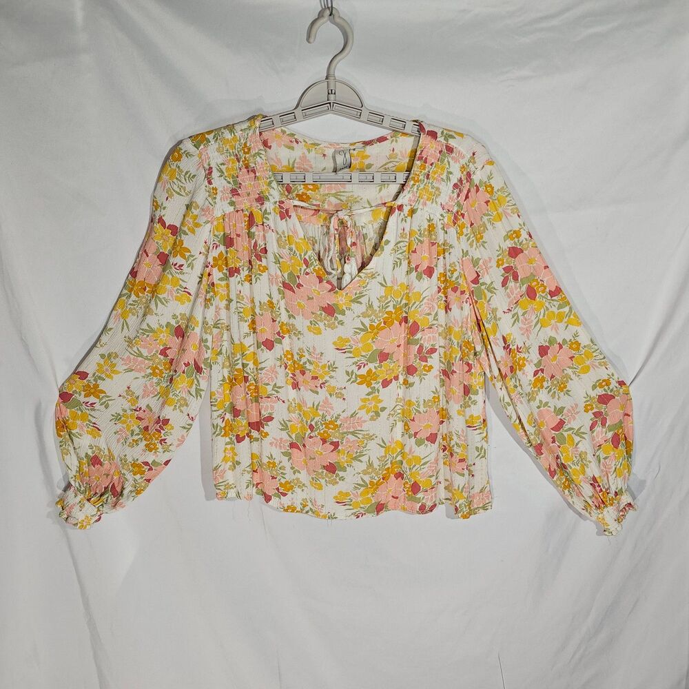 Joie Floral Lurex Shimmer Peasant Blouse Pink Yellow Balloon Sleeve Sz M